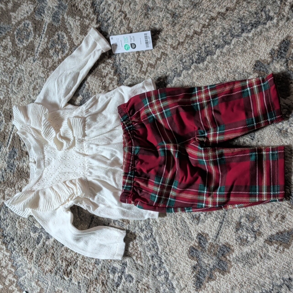 Carter's White Sweater & Red and Green Plaid Leggings